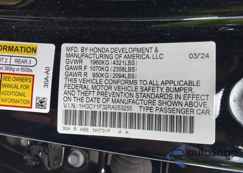 2024 Honda Accord Ex from USA, damaged, VIN 1HGCY1F32RA053255